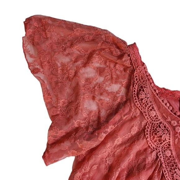 V Cristina flutter sleeve floral print lace overlay top sz M - Picture 8 of 12